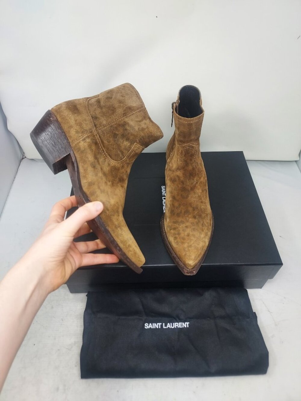 Saint Laurent WOMEN Lukas Cowboy Western Leopard Brown Suede Ankle Boot